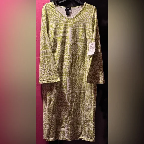 NWT Ashro Dress Size L Green White Long Sleeve Knee Length Garden Party Church - Picture 1 of 11
